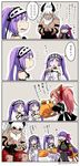  4koma animal_ears apron asaya_minoru asterios_(fate/grand_order) bare_shoulders black_sclera blush bow breasts cleavage comic commentary dress euryale fate/grand_order fate_(series) feeding fox_ears gloves hair_ribbon hairband halloween headdress horns huge_breasts jack-o'-lantern lolita_hairband long_hair maid maid_apron maid_headdress open_mouth pantyhose passion_lip paw_gloves paws pink_hair purple_eyes purple_hair red_eyes ribbon stheno tamamo_(fate)_(all) tamamo_cat_(fate) translated twintails twitter_username very_long_hair white_dress white_hair 