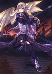  &gt;:( absurdres armor armored_boots armored_dress blonde_hair boots braid breasts chain embers fate/apocrypha fate_(series) frown hair_ribbon headpiece highres jeanne_d'arc_(fate) jeanne_d'arc_(fate)_(all) large_breasts long_braid long_hair looking_at_viewer purple_eyes purple_legwear purple_ribbon ribbon scabbard sheath single_braid solo standard_bearer standing standing_on_one_leg sword thighhighs thighs v-shaped_eyebrows waist_cape weapon zephx 