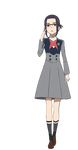  adjusting_eyewear blue_hair darling_in_the_franxx dress folded_ponytail full_body glasses green_eyes ikuno_(darling_in_the_franxx) mary_janes open_mouth school_uniform shoes sidelocks sock_garters socks solo transparent_background 