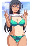  :d ahoge ass_visible_through_thighs bare_arms bare_shoulders bikini bikini_under_clothes black_hair blue_eyes blue_sky blush breasts cleavage cloud collarbone cowboy_shot day double_v girls_und_panzer green_bikini hair_between_eyes highres isuzu_hana large_breasts lifted_by_self long_hair nakamura_yukitoshi navel number open_mouth outdoors shiny shiny_skin shirt_lift simple_background sky smile solo standing stomach sun_tattoo swimsuit tan tanline thigh_gap v white_background 