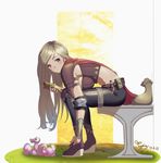  absurdres artist_name ban_yang belt belt_pouch black_pants brown_hair cape dated frown highres hot_dog knee_pads looking_at_viewer pants pink_eyes potion pouch red_cape sack signature sitting solo squirrel vial 