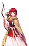  akatsuki_no_yona arrow bow_(weapon) brown_cape dress earrings head_tilt highres holding holding_bow_(weapon) holding_weapon jewelry looking_at_viewer manyang pink_ribbon purple_eyes red_hair ribbon short_hair simple_background solo standing weapon white_background white_dress yona_(akatsuki_no_yona) 