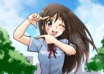  ;d aki_ma_jiro blue_sky blush boku_dake_ga_inai_machi brown_eyes brown_hair cloud day katagiri_airi long_hair one_eye_closed open_mouth outdoors sky smile solo upper_body 