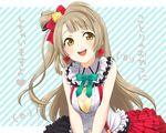  :d bare_shoulders bow bra breast_squeeze breasts brown_hair center_opening earrings frilled_shirt_collar frilled_skirt frills hair_bow hair_ornament idol jewelry layered_skirt long_hair love_live! love_live!_school_idol_project medium_breasts minami_kotori one_side_up open_mouth skirt smile solo tayoko underwear v_arms very_long_hair yellow_bra yellow_eyes 