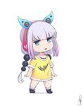  :o arms_at_sides bangs black_legwear blue_eyes blunt_bangs blush chibi commentary full_body hair_bobbles hair_ornament headphones j_adsen jitome kanna_kamui kobayashi-san_chi_no_maidragon long_hair looking_at_viewer low_twintails no_pants open_mouth oversized_clothes pink_hair shirt short_sleeves signature simple_background smiley_face socks solo speaker standing twintails white_background yellow_shirt 