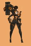  ass black_footwear brown_eyes brown_hair cigarette cyborg facing_away full_body goggles goggles_on_head gun high_heels highres mechanical_arms multiple_arms orange_background rocket_launcher smoking solo standing weapon wei_(kaminari0411) 