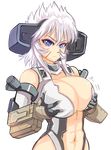  abs armor bangs blue_eyes breast_squeeze breasts detached_sleeves elbow_gloves gauntlets gloves headwear hmage large_breasts legion_(titanfall_2) long_hair looking_at_viewer mecha_musume personification scar stomach titanfall titanfall_2 upper_body white_hair 
