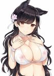  animal_ear_fluff animal_ears atago_(azur_lane) azur_lane bangs bikini black_hair blush breasts brown_eyes cleavage closed_mouth commentary_request covered_nipples extra_ears eyebrows_visible_through_hair flower hair_flower hair_ornament hair_ribbon halterneck hands_on_own_chest highres large_breasts long_hair looking_at_viewer mizunashi_kenichi mole mole_under_eye navel nipples ribbon see-through simple_background smile solo swimsuit upper_body very_long_hair white_background white_bikini white_neckwear white_ribbon wristband 