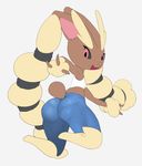  1girl animal_ears armpits arms_up ass black_sclera blue_pants breasts bunny_ears bunny_tail crop_top from_behind full_body furry grey_background jumping looking_back looking_to_the_side lopunny midriff no_humans open_mouth pants pantylines pokemon pokemon_(creature) pokemon_dppt punkinillus red_eyes shirt simple_background skindentation sleeveless sleeveless_shirt small_breasts smile solo tail white_shirt 