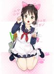  1girl animal_ears apron bell black_hair blush brown_eyes cat_ears full_body girutea looking_at_viewer maid maid_outfit nakahara_misaki necklace nhk_ni_youkoso! open_mouth pose serafuku shoes short_hair skirt sweatdrop tail wariza 