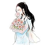  1girl alone black_hair blue_dress dress eyes_closed female flower holding long_hair nico_robin one_piece simple_background smelling solo white_background 
