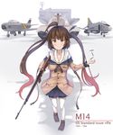  absurdly_long_hair absurdres ahoge aircraft aircraft_carrier airplane blue_skirt blush brown_eyes brown_hair character_name closed_mouth eyebrows_visible_through_hair f-4_phantom_ii f-86_sabre full_body girls_frontline ground_vehicle gun highres holding holding_gun holding_weapon long_hair looking_at_viewer m14_(girls_frontline) m48_patton military military_vehicle motor_vehicle multicolored_hair pantyhose red_hair shell_casing ship skirt smile sobmarine solo tank twintails two-tone_hair very_long_hair warship watercraft weapon white_legwear 