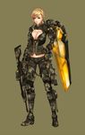  assault_rifle blonde_hair blue_eyes breasts camouflage camouflage_gloves camouflage_pants cleavage full_body groin gun hand_on_hip highres hood hood_down large_breasts looking_at_viewer pants pouch rifle solo standing weapon wei_(kaminari0411) zipper 