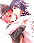  1boy 1girl black_hat blush checkered_scarf couple danganronpa hair_ornament hairpin hat jacket matching_hair/eyes new_danganronpa_v3 ouma_kokichi purple_eyes purple_hair red_eyes red_hair scarf shirt short_hair straitjacket wink witch_hat yumeno_himiko 