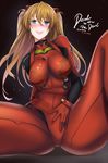  alternate_breast_size arm_behind_back bangs between_legs black_background blue_eyes blush bodysuit bracer breasts brown_hair crotch dated english evangelion:_3.0_you_can_(not)_redo eyebrows_visible_through_hair gloves grin hair_between_eyes hanada_yanochi hand_between_legs headgear hips impossible_bodysuit impossible_clothes knee_up large_breasts leaning_to_the_side light_particles long_hair looking_at_viewer neon_genesis_evangelion nose_blush number parted_bangs pilot_suit pink_lips plugsuit rebuild_of_evangelion red_bodysuit shikinami_asuka_langley signature simple_background sitting skin_tight smile solo souryuu_asuka_langley spread_legs tape thighs turtleneck 