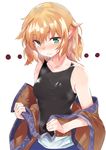  asuzemu bangs blonde_hair blush breasts collarbone ear_blush green_eyes looking_at_viewer medium_breasts mizuhashi_parsee pointy_ears shiny shiny_hair simple_background solo sweat tank_top taut_clothes touhou upper_body white_background wide_sleeves 