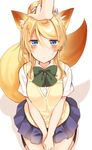  animal_ears ayase_eli blonde_hair blue_eyes blush bow bowtie fox_ears fox_tail green_neckwear hair_between_eyes hands_on_lap highres kemonomimi_mode looking_at_viewer love_live! love_live!_school_idol_project miniskirt mogu_(au1127) otonokizaka_school_uniform out_of_frame petting pleated_skirt ponytail pov pov_hands school_uniform seiza short_sleeves sidelocks simple_background sitting skirt solo_focus sweatdrop sweater_vest tail white_background 