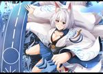  animal_ears azur_lane blush breasts cleavage collarbone eyebrows_visible_through_hair fox_ears grey_hair kaga_(azur_lane) kanzaki_kureha kneehighs large_breasts looking_at_viewer parted_lips short_hair smile solo white_legwear 