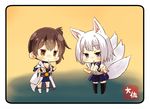  :&lt; alternate_costume animal_ears artist_name azur_lane black_legwear blue_eyes blue_skirt brown_eyes brown_hair chibi commentary_request cosplay costume_switch crossover fox_ears fox_tail hakama_skirt highres japanese_clothes kaga_(azur_lane) kaga_(azur_lane)_(cosplay) kaga_(kantai_collection) kaga_(kantai_collection)_(cosplay) kantai_collection multiple_girls namesake open_mouth short_hair side_ponytail silver_hair skirt tail taisa_(kari) tasuki thighhighs white_legwear 