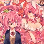  &gt;_&lt; 4girls :d :| ahoge ana_(rznuscrf) animal_ears bangs black-framed_eyewear blush bow bowtie braid bread breasts bunny_ears cat character_request closed_mouth dejiko detached_sleeves di_gi_charat dice_hair_ornament dress dual_persona food gema glasses hair_bow hair_ornament heart jacket large_breasts long_hair looking_at_viewer majin_gappa melon_bread minagawa_takurou multiple_boys multiple_girls neck_ribbon open_mouth pink_bow pink_eyes pink_hair puchiko red_bow red_ribbon ribbon shaded_face smile sweatdrop twin_braids twintails usada_hikaru very_long_hair xd 