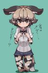  african_wild_dog_(kemono_friends) african_wild_dog_print animal_ears black_hair bow bowtie brown_eyes commentary dog_ears dog_tail eyebrows_visible_through_hair fingers_together frown highres kemono_friends kneeling light_brown_hair multicolored multicolored_clothes multicolored_hair multicolored_legwear pantyhose pantyhose_under_shorts short_shorts shorts solo tail teranekosu translation_request two-tone_hair wavy_mouth 