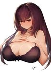  artist_name bangs bare_legs bare_shoulders blush bra breasts cleavage closed_mouth eyebrows_visible_through_hair fate/grand_order fate_(series) gao_(gaolukchup) hair_between_eyes huge_breasts long_hair looking_down purple_bra purple_hair red_eyes scathach_(fate)_(all) scathach_(fate/grand_order) simple_background solo underwear underwear_only upper_body white_background 