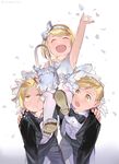  2boys alphonse_elric blonde_hair bow bowtie brothers carrying closed_eyes dress edward_elric formal fullmetal_alchemist hairband happy holy_pumpkin multiple_boys petals short_hair siblings sitting_on_shoulder smile suit tuxedo winry_rockbell yellow_eyes younger 