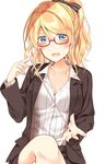  ayase_eli bespectacled blonde_hair blue_eyes blush bow breasts cleavage collared_shirt crossed_legs formal glasses hair_bow highres long_sleeves looking_at_viewer love_live! love_live!_school_idol_project medium_breasts mogu_(au1127) open_mouth pinstripe_pattern pointer ponytail red-framed_eyewear semi-rimless_eyewear shirt sidelocks simple_background sitting solo striped striped_bow striped_shirt suit teacher under-rim_eyewear vertical-striped_shirt vertical_stripes white_background 