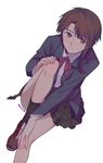  asymmetrical_hair blazer brown_eyes brown_hair chromatic_aberration convenient_arm dutch_angle hair_ornament highres invisible_chair iwakura_lain jacket liangchanxingmingrixiang loafers looking_at_viewer miniskirt parted_lips pleated_skirt school_uniform serial_experiments_lain shoes short_hair simple_background sitting skirt solo white_background x_hair_ornament 