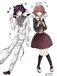  2boys brown_eyes brown_hair buttons checkered_scarf couple danganronpa danganronpa_1 fujisaki_chihiro halo horns jacket matching_hair/eyes multiple_boys new_danganronpa_v3 ouma_kokichi pants purple_eyes purple_hair sayanagi_kaya scarf school_uniform shirt skirt straitjacket trap uniform wings 