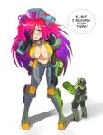  bent_over blush boots breasts embarrassed english gameplay_mechanics giantess gloves gradient_hair hanging_breasts helmet hmage imminent_penetration ion_(titanfall_2) large_breasts mecha_musume multicolored_hair navel personification pilot purple_hair red_eyes red_hair skin_tight titanfall titanfall_2 