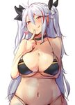  :q azur_lane bare_shoulders bikini breasts choker cleavage hair_ribbon heart highres kirome_(kamipaper) large_breasts multicolored_hair navel prinz_eugen_(azur_lane) red_hair ribbon side-tie_bikini silver_hair simple_background solo swimsuit tongue tongue_out twintails two-tone_hair white_background 