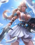  ahoge arm_armor armor armpits backlighting blonde_hair blue_eyes breasts breasts_apart cloud contrapposto covered_nipples day earrings foreshortening from_below holding holding_sword holding_weapon jewelry large_breasts limgae long_hair low-tied_long_hair no_bra see-through shield sky smile solo sophitia_alexandra soulcalibur standing sword vambraces weapon 
