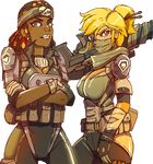  armor bandana black_hair blonde_hair breasts cleavage dark_skin earrings face_mask gloves green_eyes gun hair_ornament hairlocs hmage jewelry large_breasts long_hair mask medium_breasts monocle multiple_girls necklace pilot ponytail purple_eyes rifle skull_print sleeves_rolled_up titanfall weapon 