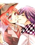  1boy 1girl black_hat blush checkered_scarf danganronpa hair_ornament hairpin hat jacket kiss matching_hair/eyes new_danganronpa_v3 ouma_kokichi purple_hair red_eyes red_hair scarf short_hair smile straitjacket sweater sweater_vest witch_hat yumeno_himiko 