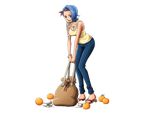  :d arm_tattoo band blue_eyes blue_hair blue_pants bodskih breasts cleavage collarbone denim food fruit full_body holding jeans leaning_forward looking_at_viewer medium_breasts nojiko one_piece open_mouth orange pants red_hair shirt short_hair sleeveless sleeveless_shirt smile solo standing tattoo transparent_background yellow_shirt 