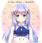  :3 angora_rabbit animal bangs blue_eyes blue_neckwear blue_vest bow bowtie bunny buttons closed_mouth collared_shirt commentary copyright_name expressionless eyebrows_visible_through_hair flat_chest gochuumon_wa_usagi_desu_ka? gradient gradient_background hair_ornament hairclip holding holding_animal kafuu_chino light_blue_hair long_hair long_sleeves looking_at_viewer rabbit_house_uniform shirt sidelocks tachiuo_(arines) tippy_(gochiusa) twitter_username upper_body vest white_shirt wing_collar x_hair_ornament 