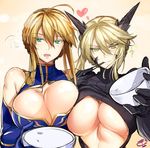  ahoge artoria_pendragon_(all) artoria_pendragon_(lancer) artoria_pendragon_(lancer_alter) bare_shoulders blonde_hair blue_eyes bowl breasts chopsticks cleavage commentary dual_persona elbow_gloves fate/grand_order fate_(series) gloves hair_between_eyes heart holding holding_chopsticks horns huge_breasts long_hair looking_at_viewer multiple_girls okitakung parted_lips smile upper_body yellow_eyes 