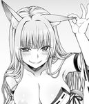  areola_slip areolae arm_up bangs blush borrowed_character breasts cleavage collarbone detached_sleeves eroe eyebrows_visible_through_hair fox_girl greyscale grin half-closed_eyes large_breasts long_hair looking_at_viewer monochrome nontraditional_miko original parted_lips ribbon_trim sidelocks smile solo upper_body 