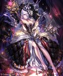  black_gloves blue_eyes breasts checkered checkered_floor cleavage collarbone crown dress earrings gloves hair_over_one_eye holding holding_staff irua jewelry large_breasts long_hair looking_at_viewer necklace pointy_ears shingeki_no_bahamut silver_hair sitting sleeveless sleeveless_dress solo staff strapless strapless_dress 