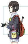  backpack bad_id bad_pixiv_id bag bangs black_hair blush bob_cut camera cardigan closed_mouth commentary_request eyebrows_visible_through_hair from_side holding holding_camera long_sleeves morerin original purple_eyes school_uniform serafuku short_hair single-lens_reflex_camera solo tripod 