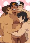  4boys artist_request black_hair blush brown_hair eyes_closed fat fat_man hunk_(voltron) keith_(voltron) lance_(voltron) male_focus multicolored_hair multiple_boys nude penis pubic_hair scar takashi_shirogane tongue_out voltron voltron:_legendary_defender yaoi 