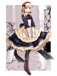  absurdres alice_margatroid alternate_costume apron black_dress black_legwear blonde_hair blue_eyes boots brown_footwear cross-laced_footwear dress enmaided frilled_dress frills full_body hairband highres kisaragi_yuri lace-up_boots looking_at_viewer maid puffy_sleeves short_hair solo standing touhou tray waist_apron 