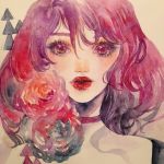  1girl choker commentary conniekims english_commentary flower lipstick looking_at_viewer makeup original parted_lips pink_flower portrait purple_choker purple_eyes purple_hair red_lipstick short_hair solo traditional_media watercolor_(medium) 