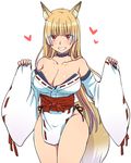  animal_ears bangs blonde_hair blush borrowed_character breasts collarbone commentary_request cowboy_shot detached_sleeves eroe eyebrows_visible_through_hair fox_ears fox_girl fox_tail gradient_hair grin hands_up heart highres large_breasts long_hair looking_at_viewer multicolored_hair nervous_smile nontraditional_miko obi original pelvic_curtain ribbon_trim sash simple_background smile solo straight_hair tail thighs very_long_hair white_background white_hair 