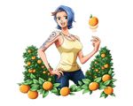  :d arm_tattoo band bangle blue_eyes blue_hair blue_pants bodskih bracelet breasts cleavage collarbone cowboy_shot denim food fruit hand_on_hip jeans jewelry large_breasts looking_at_viewer nojiko one_piece open_mouth orange pants red_hair shiny shiny_clothes shirt short_hair sideboob sleeveless sleeveless_shirt smile solo standing tattoo transparent_background yellow_shirt 