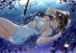  azur_lane black_hair blurry_foreground breasts brown_eyes center_opening cleavage flower hair_flower hair_ornament hair_ribbon highres kazeno long_hair looking_at_viewer lying medium_breasts on_side one-piece_swimsuit partially_submerged petals ribbon solo swimsuit sword takao_(azur_lane) torii water weapon 