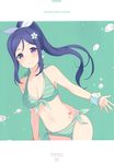  6u_(eternal_land) absurdres aqua aqua_background bangs bare_shoulders bikini blue_hair blush bracelet breasts character_name cleavage collarbone earrings eyebrows_visible_through_hair hair_ornament heart highres jewelry large_breasts long_hair looking_at_viewer love_live! love_live!_sunshine!! matsuura_kanan ponytail purple_eyes scan simple_background smile solo splashing striped striped_bikini swimsuit 