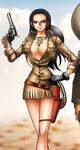  1girl black_gloves black_hair blue_eyes breasts cleavage gloves gun hand_on_hips holding_gun long_hair necklace nico_robin one_piece rope thighs western_clothes 