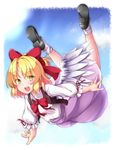  :d aka_tawashi angel_wings bangs black_footwear blonde_hair blue_sky blush bow bowtie cloud commentary_request day eyebrows_visible_through_hair eyes_visible_through_hair flying frilled_sleeves frills full_body gengetsu hair_bow highres long_skirt long_sleeves looking_at_viewer open_mouth outdoors parted_bangs pink_skirt ponytail red_bow red_neckwear red_ribbon ribbon round_teeth shirt shoe_soles shoes short_hair skirt sky smile socks solo spread_fingers teeth touhou touhou_(pc-98) white_shirt white_wings wings yellow_eyes 
